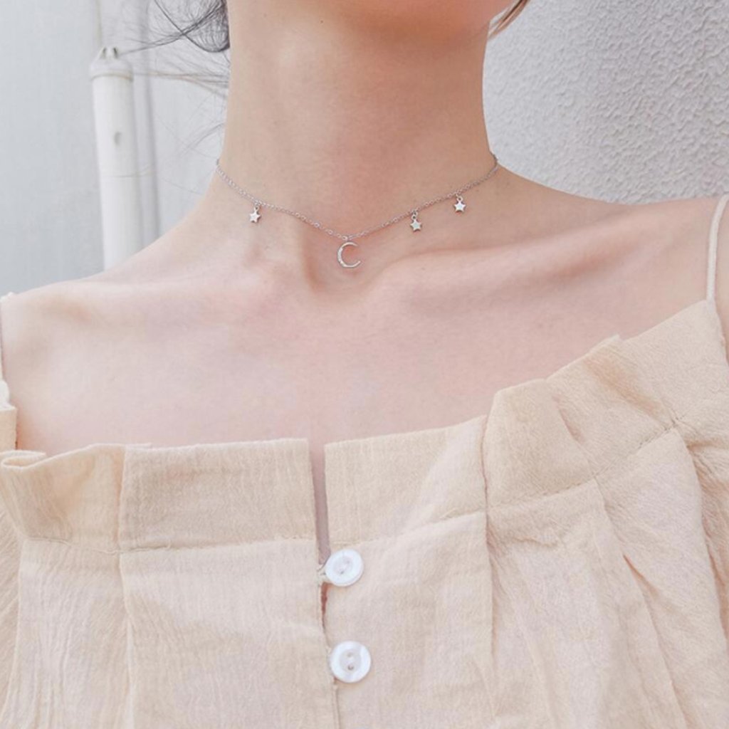 925 Sterling Silver Sweet Stars Moon Necklace Chok